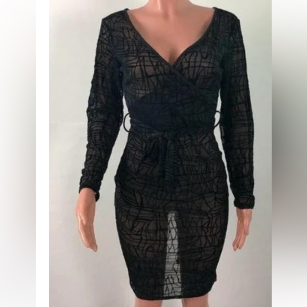 Long Sleeves burnout Black Sexy Velvet Sheer Dress